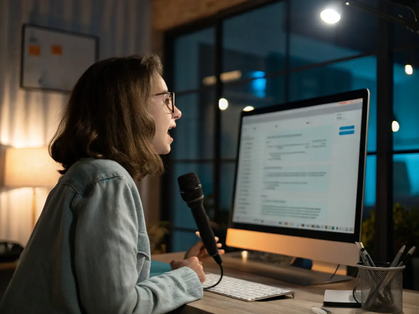 A close-up shot of a teacher using the SeiRen-Sullivan platform to conduct a voice-based simulation with a student, highlighting the real-time interaction and personalized feedback.
